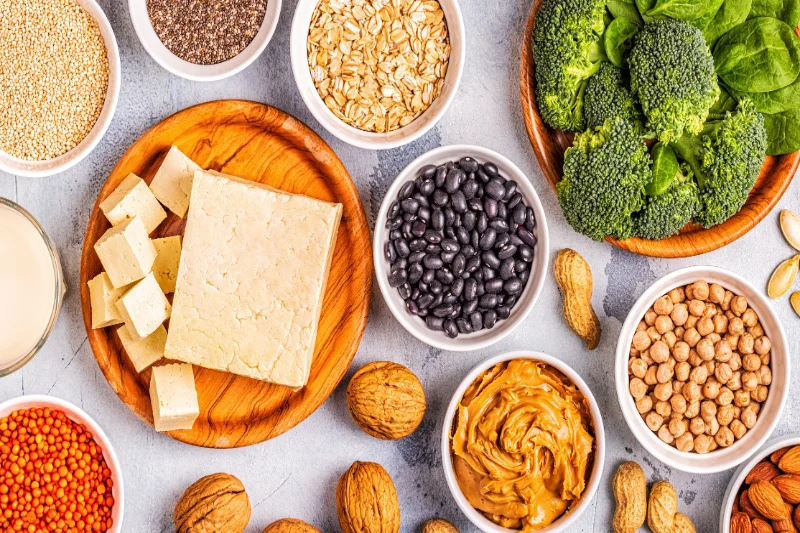 Assorted vegan protein sources including tofu, beans, chickpeas, broccoli, oats, and nuts arranged in bowls.