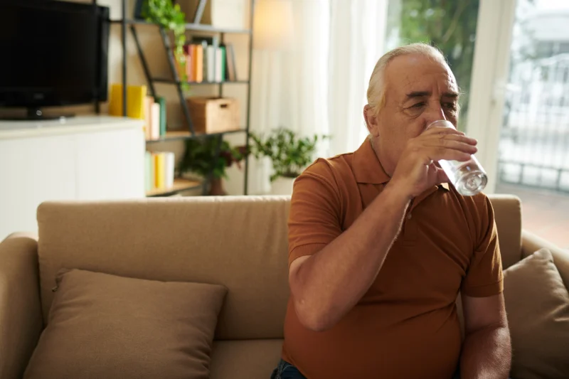 Elderly Man Staying Hydrated at Home Elderly man sitting on a sofa and drinking a glass of water for healthy hydration